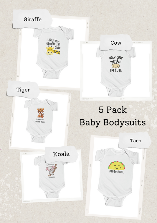 5 Pack - Short Sleeve White - Funny Baby Bodysuits Set 1