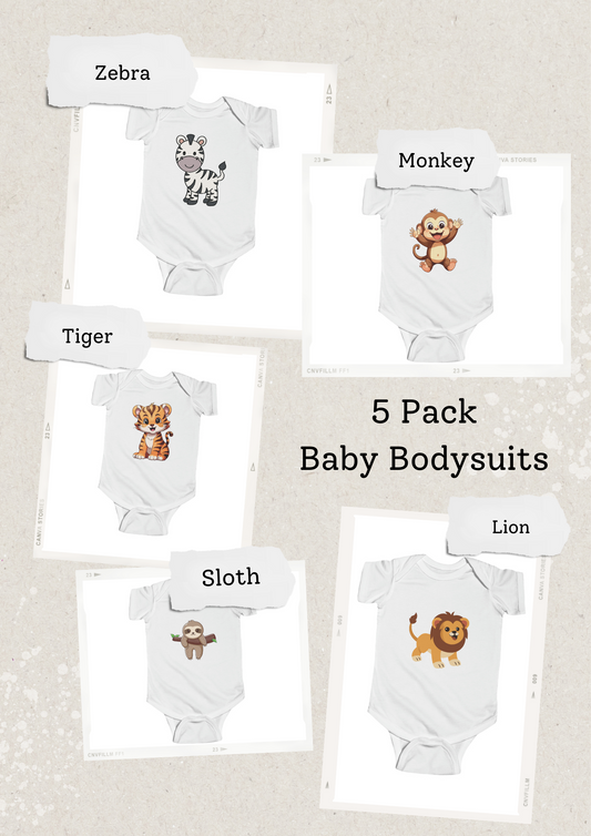 5 Pack - Short Sleeve White - Cute Animal Baby Bodysuit Set 1