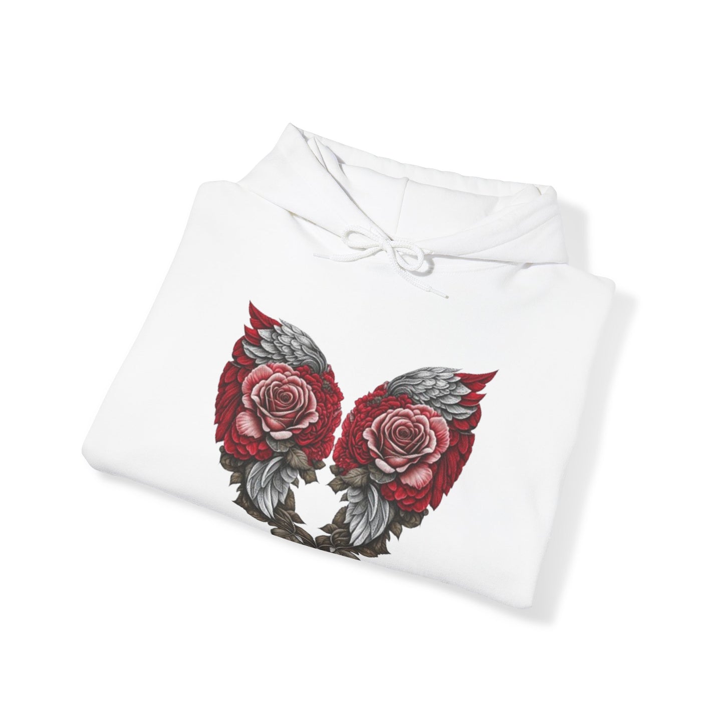 Unisex - White Angel Wings wrapped in Red Roses Hoodie