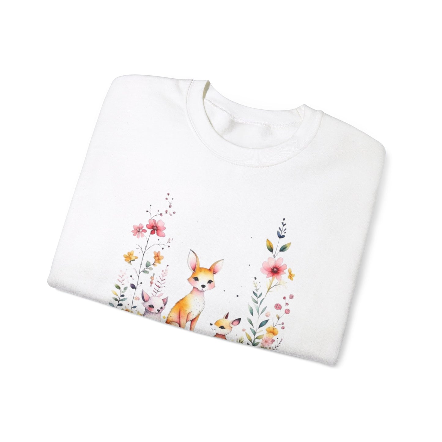 Unisexe - Sweat-shirt blanc mignons petits renards et fleurs