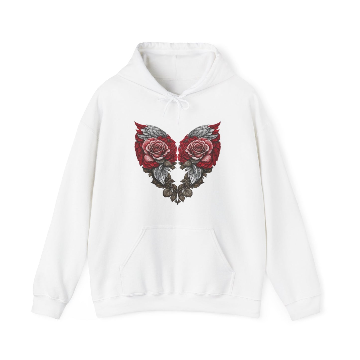 Unisex - White Angel Wings wrapped in Red Roses Hoodie