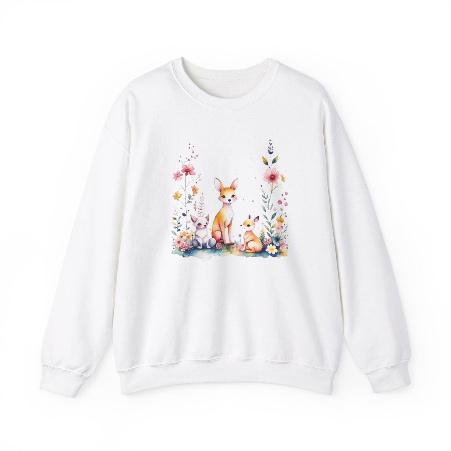 Unisexe - Sweat-shirt blanc mignons petits renards et fleurs